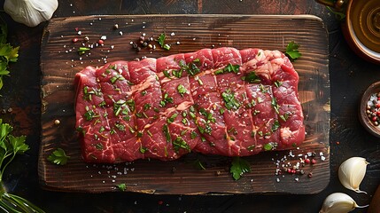 Overhead view of a raw flank steak on a rustic wooden board, surrounded by fresh parsley, garlic cloves, and drizzles of olive oil, bright natural light from above, vibrant colors, detailed textures,