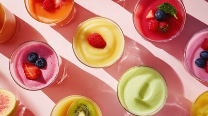 Clear glasses filled with vibrant fruit smoothies showcase a variety of flavors, garnished with fresh berries and mint, perfect for a summer day