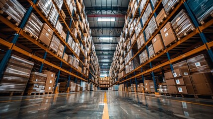 Aerial view of a large warehouse filled with neatly stacked cardboard boxes on shelves during the day