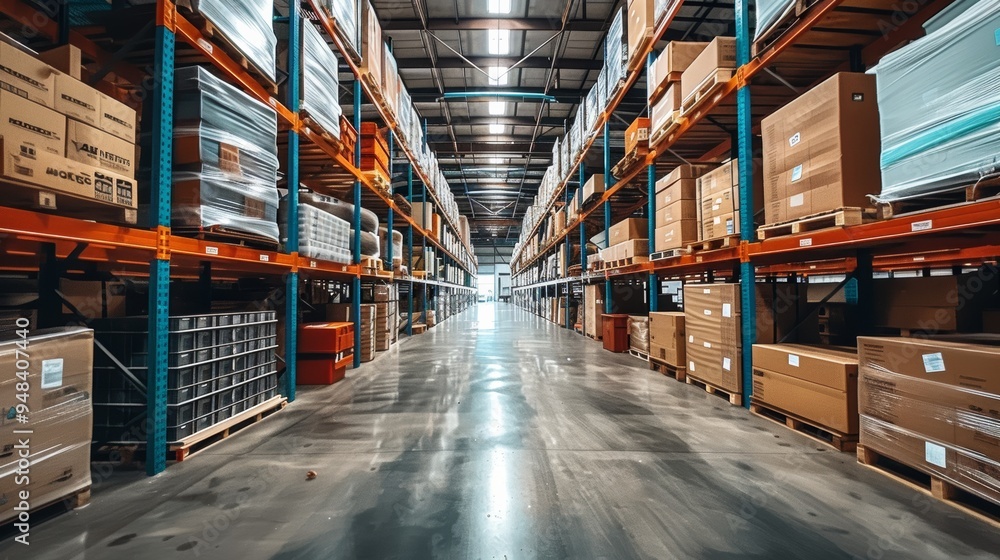 Aufkleber a spacious warehouse filled with neatly stacked boxes and pallets, creating organized rows under bri
