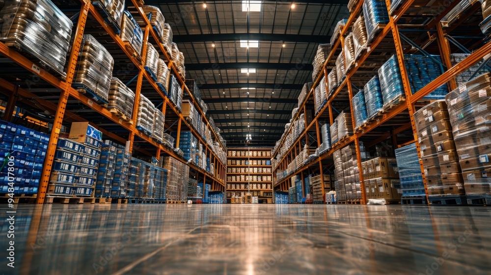Poster a wide view of a spacious warehouse filled with neatly organized pallets and shelving, showcasing ef