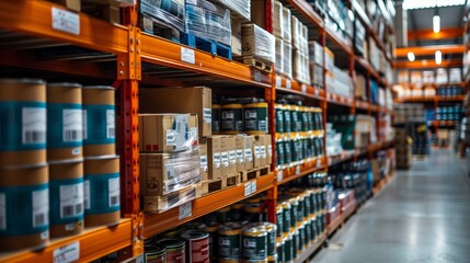 Organized warehouse filled with paint cans, boxes, and supplies on shelves under bright lighting during daytime