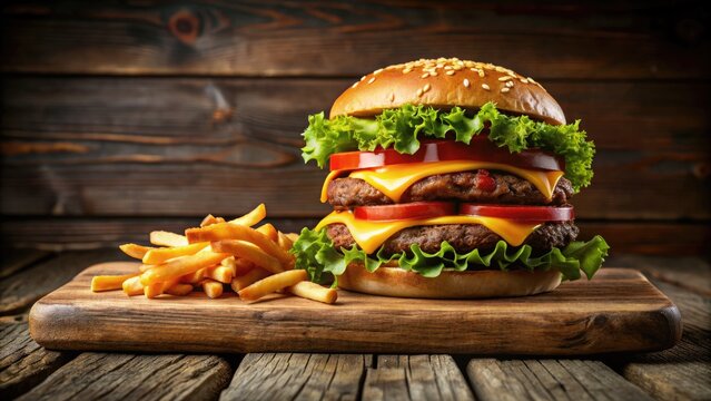 Customizable layered PSD template of a mouthwatering burger and fries on a rustic wooden table, perfect for food advertising and promotional materials.