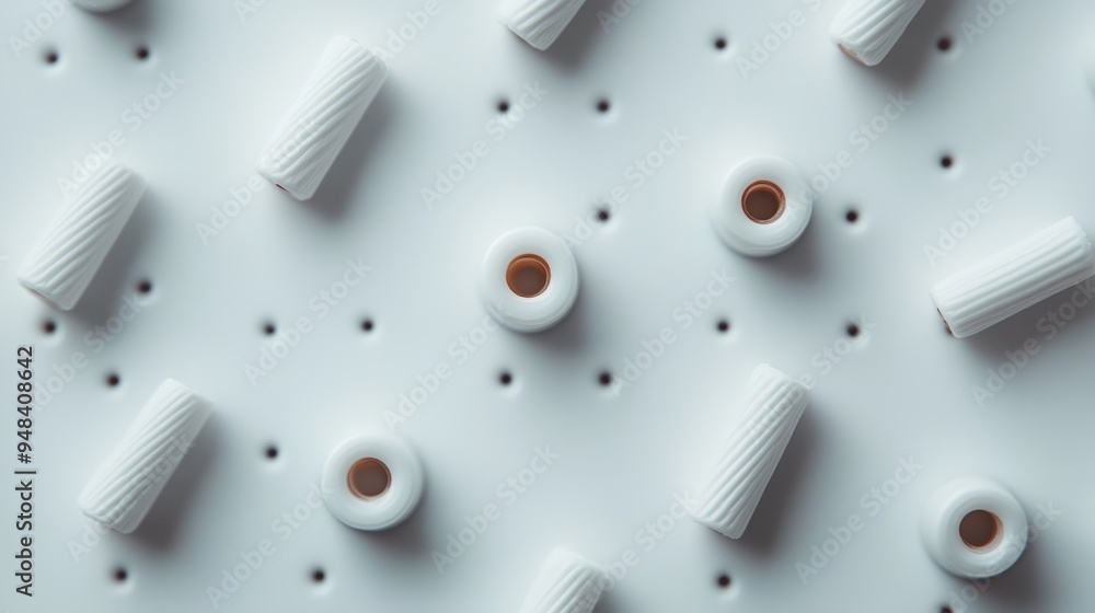 Aufkleber abstract image featuring white cylindrical objects arranged on a perforated surface, representing st