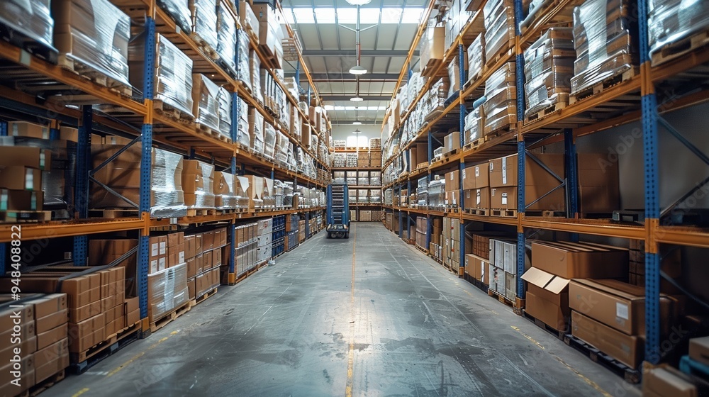 Poster Wide view of a busy warehouse filled with neatly stacked boxes and pallets during daytime operations