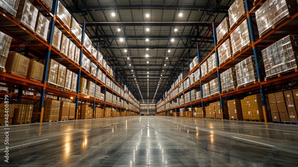 Poster a spacious warehouse filled with neatly stacked pallets showcasing efficient storage solutions durin