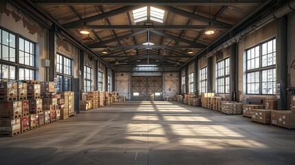 Spacious industrial warehouse filled with stacked crates and organized storage areas during daylight hours