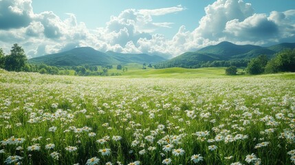 Sunny meadow with gentle hills and soft clouds