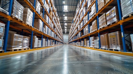 A spacious warehouse filled with organized pallets during daylight hours, showcasing efficient storage solutions in a distribution center