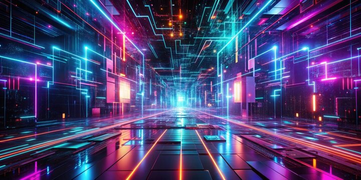 Cyberpunk Neon Dimension: Glittering neon, angular code patterns, abstract tech graphics, dark and futuristic.