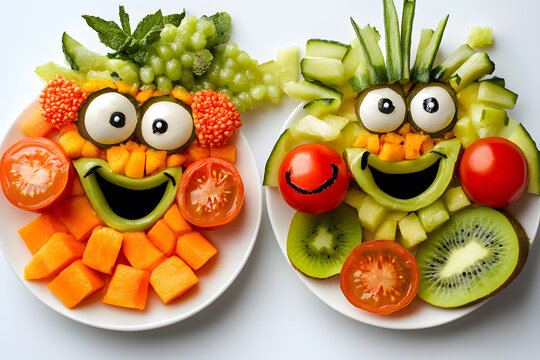 Naklejki A photo of different fruits and vegetables foods in plates Creative food for children