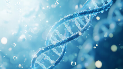 Blue DNA double helix spiral with light bokeh and bubbles against a beautiful blue background. 