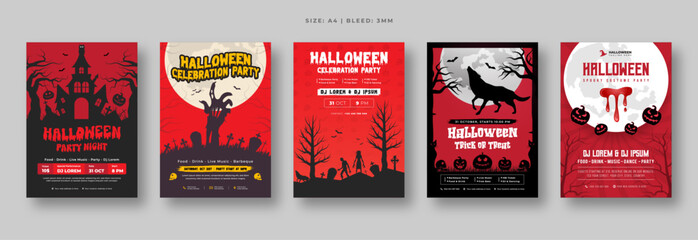Spooky Halloween flyer and poster set - Red and black theme with haunted house, fox, zombie hand, and ghost