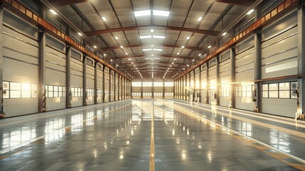 Obraz premium Spacious industrial warehouse interior with bright natural light during early morning hours