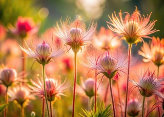 Dainty prairie smoke flowers bloom, adorned with delicate wispy red hairs, against a soft, blurred background, evoking an ethereal, whimsical atmosphere in warm natural light.