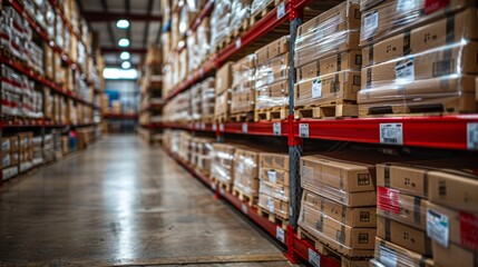 Aisle view of a well-organized warehouse filled with stacked boxes on red shelving units during daylight hours