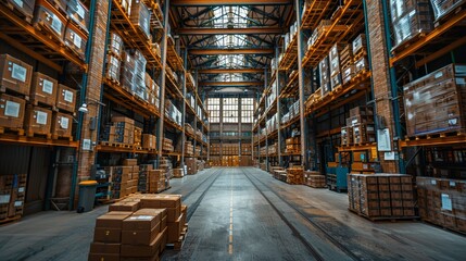 Fototapeta premium Spacious industrial warehouse interior with organized shelving and natural light filtering through the roof