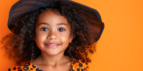 A smiling young girl with curly hair wearing a witch costume, posing against an orange background, capturing a joyful Halloween moment.