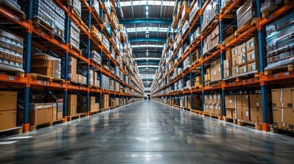 Fototapeta premium A wide view of a modern warehouse filled with neatly stacked boxes during daylight hours, showcasing an organized storage system