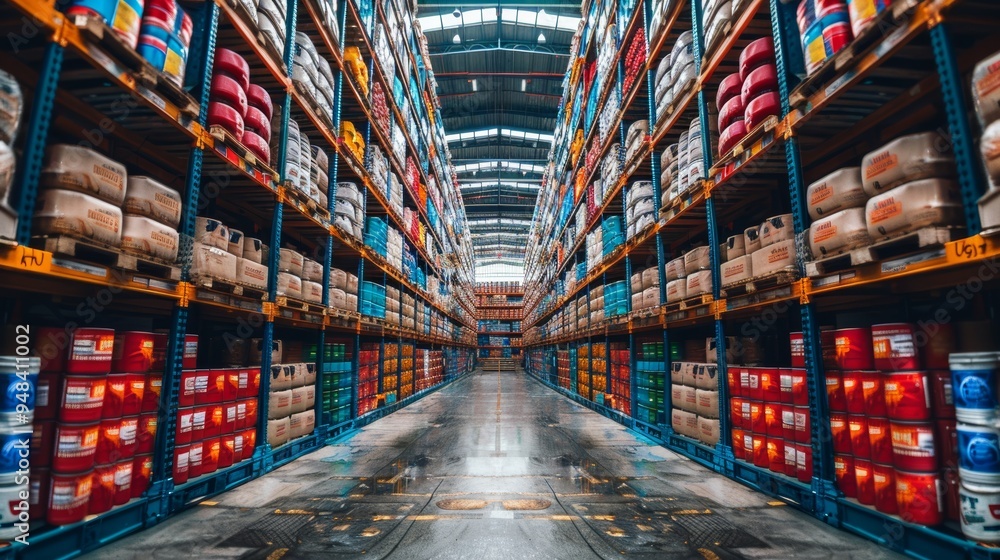 Poster a wide view of a busy warehouse filled with colorful storage containers arranged neatly along the ai