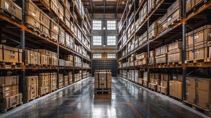 Fototapeta premium A spacious warehouse filled with neatly stacked cardboard boxes during daylight in a well-lit industrial building