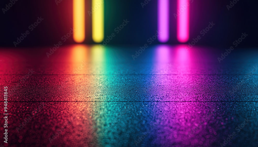 Poster abstract colorful neon lights reflecting on a textured surface, creating a vibrant and dynamic backg