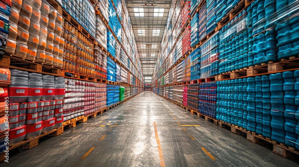 Poster vibrant rows of stacked containers in a large warehouse showcasing efficient organization and storag