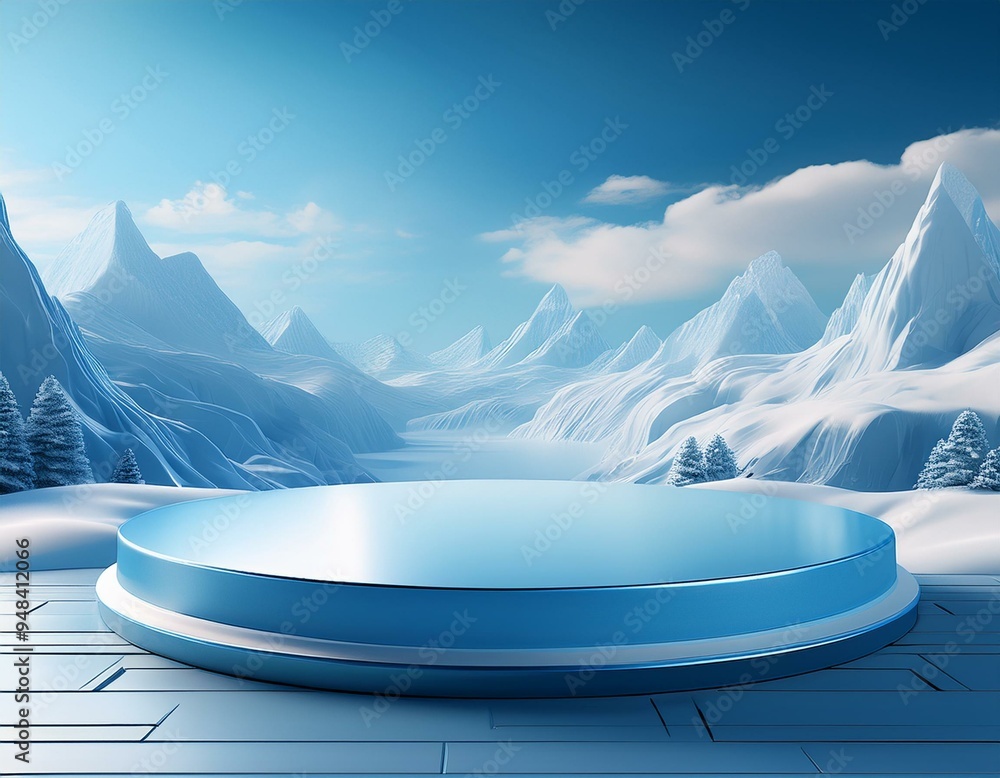 Poster Winter-themed 3D podium, frozen ice background, snow-covered mountain, glacier platform, blue minimalist landscape.