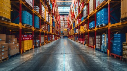 Fototapeta premium Spacious industrial warehouse filled with colorful storage containers and stacked boxes in a well-lit facility
