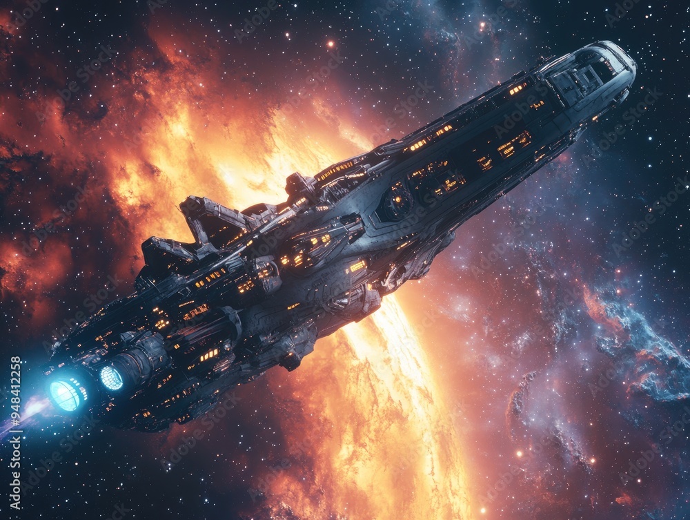 Poster 3d illustration depicting a fantastical space scene featuring a massive spaceship navigating through