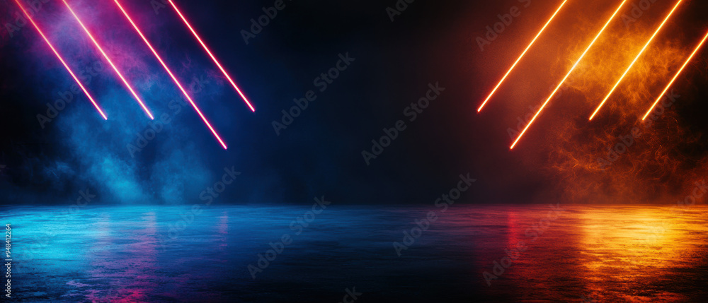 Poster abstract digital background with neon lights and smoke. vibrant colors creating a futuristic and dyn