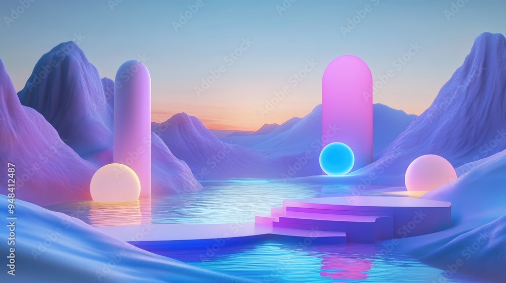 Poster 3d render of a surreal landscape featuring neon shapes in water and vibrant sand with a podium and a