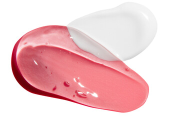 composition of transparent pink gel, cream strokes on empty background.