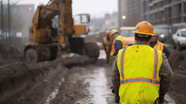 Construction Workers on Site: A group of construction workers in high visibility vests oversee an excavator digging a trench on a city street,  the rain making the scene even more gritty.  