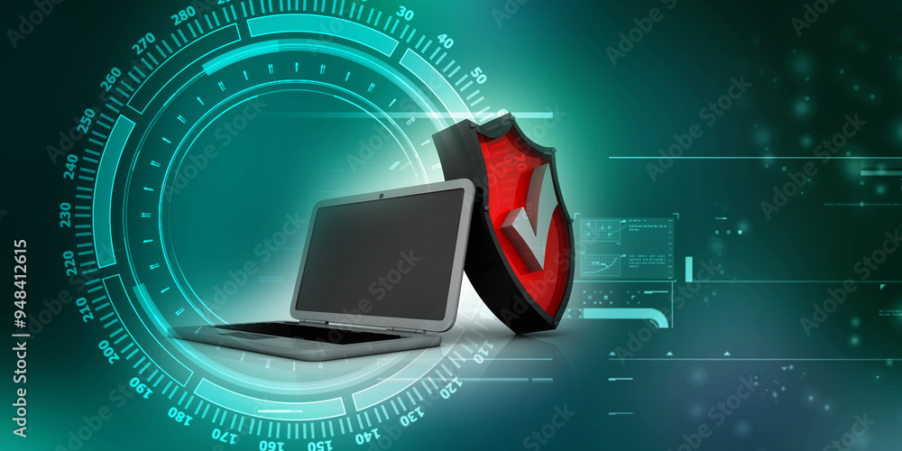 Poster 3d rendering laptop with shield