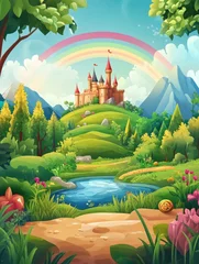2D cartoon illustration featuring a whimsical landscape with a castle rainbow forest pond treasures mountains and a garden A magical nature scene for children in a fantasy setting