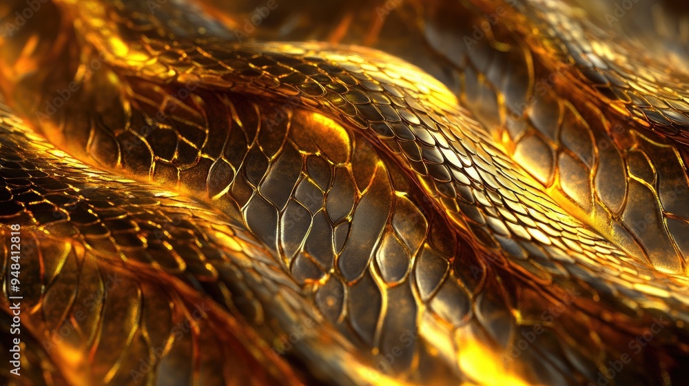 Aufkleber 3d render of an abstract fantasy background featuring wavy intertwined golden snakes and a shiny met