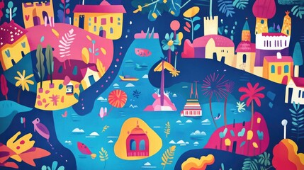 2D cartoon graphic of a map featuring vibrant colors and playful design elements