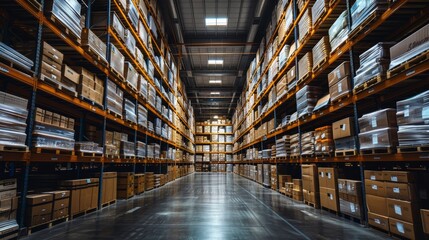 Fototapeta premium Large industrial warehouse filled with neatly stacked cardboard boxes during daylight hours