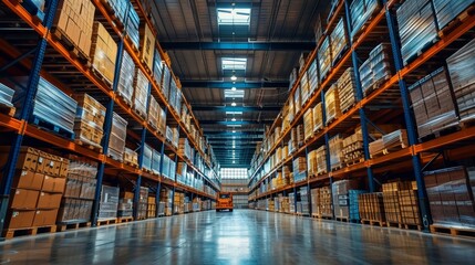 Fototapeta premium A spacious warehouse interior with stacked boxes and pallets under bright overhead lighting during the day