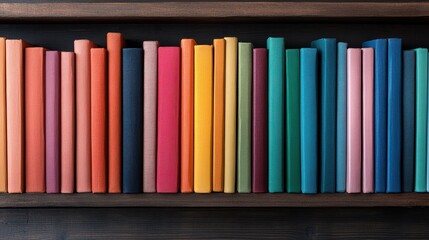 Naklejka premium A vibrant collection of colorful books lined up neatly on a dark wooden bookshelf, creating a visually appealing and cheerful display of literature and order.