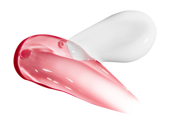 composition of transparent pink gel, cream strokes on empty background.