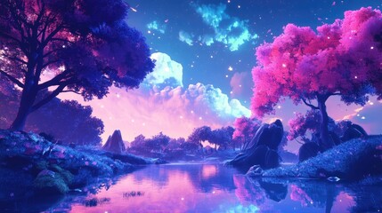 2D illustration of a vibrant neon forest under a stunning sky creating a magical and enchanting atmosphere