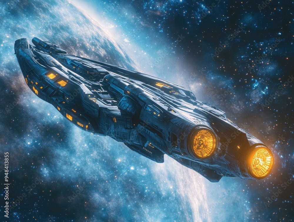 Poster 3d illustration depicting a fantastical space scene featuring a massive spaceship navigating through