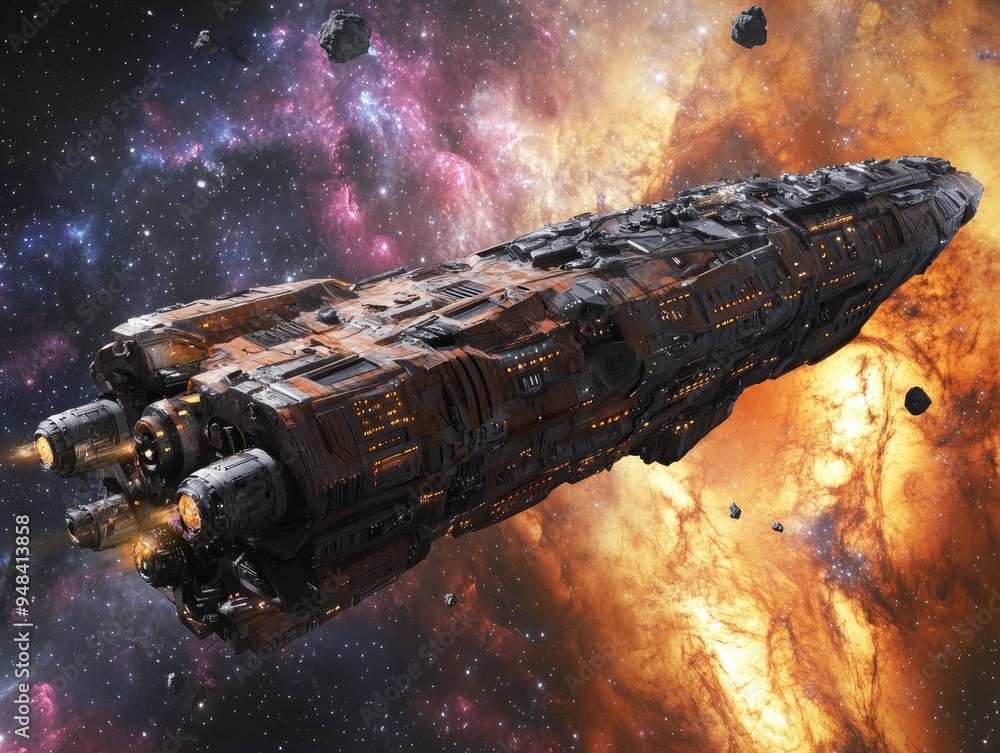 Poster 3d illustration depicting a fantastical space scene featuring a massive spaceship navigating through