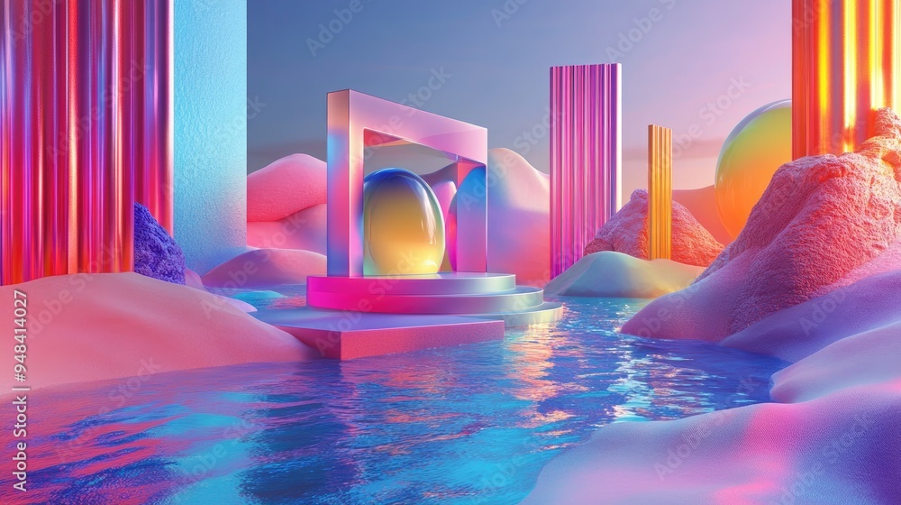 Poster 3d render of a surreal landscape featuring neon shapes in water and vibrant sand with a podium and a
