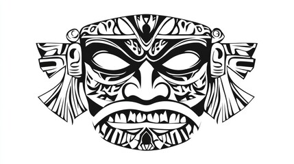 Fototapeta premium 2D cartoon design of a Polynesian god mask tattoo featuring a black and white outline