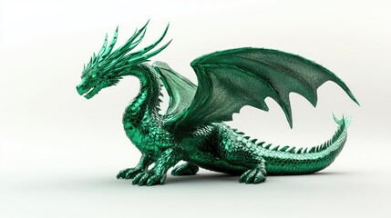 Obraz premium 3D illustration of an emerald fantasy dragon set against a white backdrop