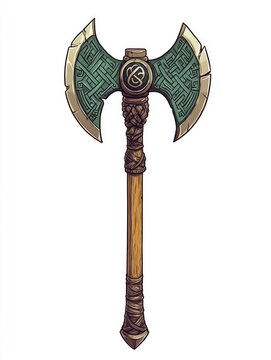 2D cartoon illustration of a fantasy weapon featuring a Viking axe a warrior poleaxe and a Celtic soldier s weapon adorned with an Odin symbol Ideal for design purposes