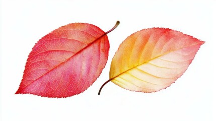 Colorful autumn leaves in shades of red and yellow on white background